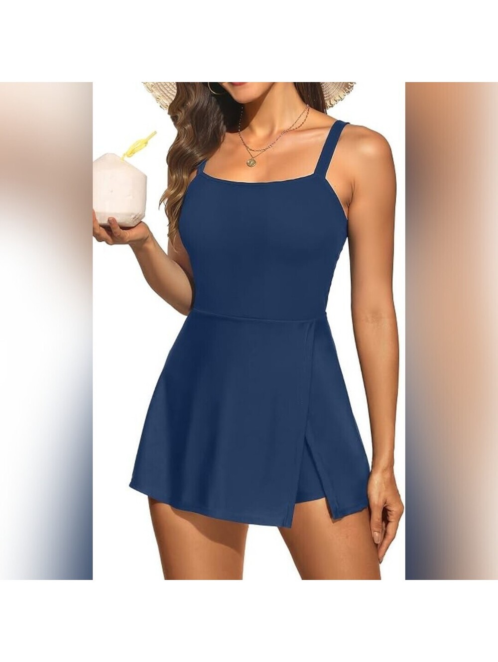 NWT Daci Women’s Navy One-Piece Swimsuit Swimdress with Shorts and Pockets, L
